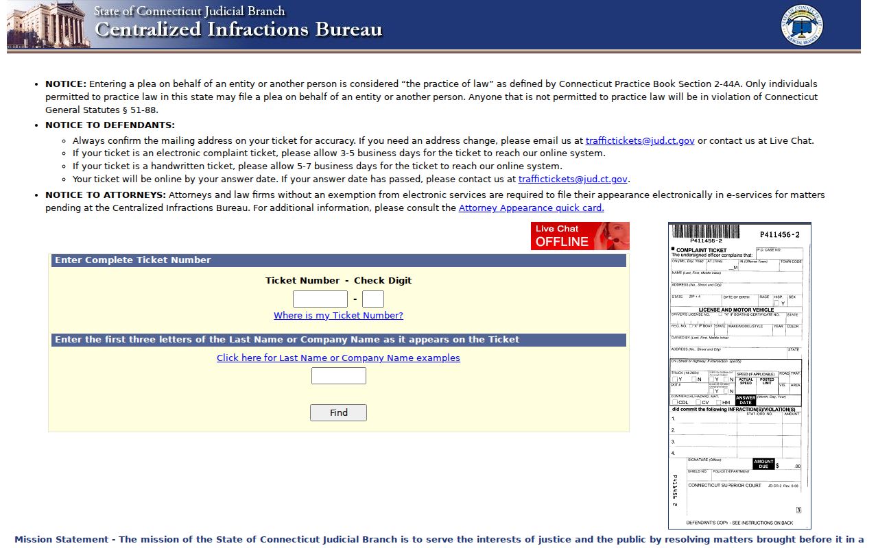 Connecticut CIB ticket lookup for Danbury traffic matters