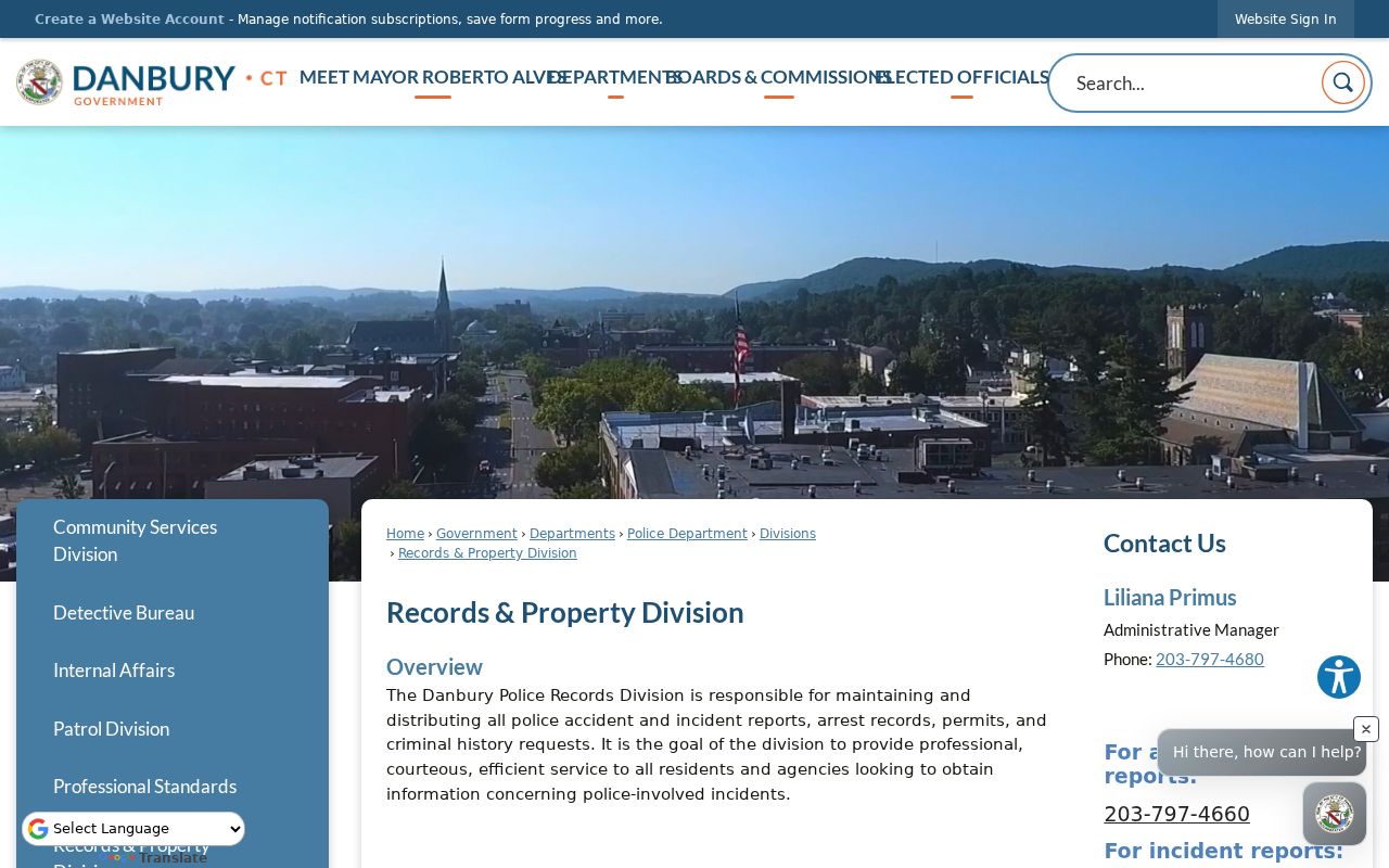 Danbury Police records office for arrest warrant records