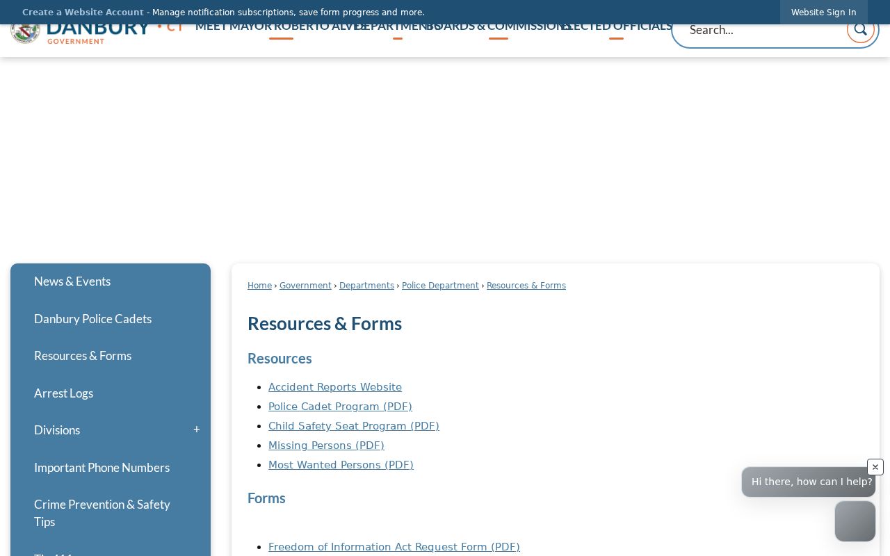 Danbury Police Resources and Forms page