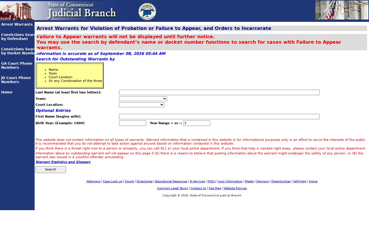 Danbury outstanding warrant search fields on Connecticut court portal